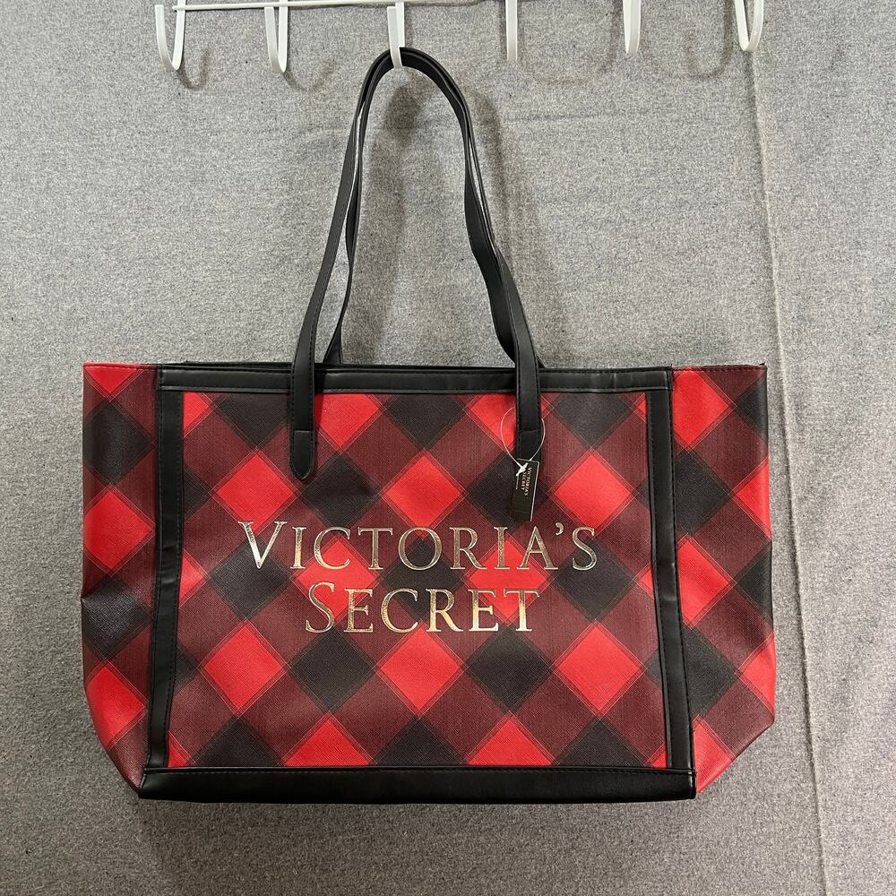 Victoria's Secret Women Red Plaid Handbags Red Black Tote Purse